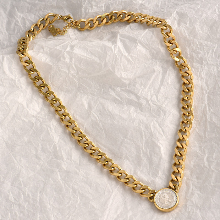 Colier Lant Cuban Chain cu pandantiv moneda, placat cu aur 18K, auriu [4]