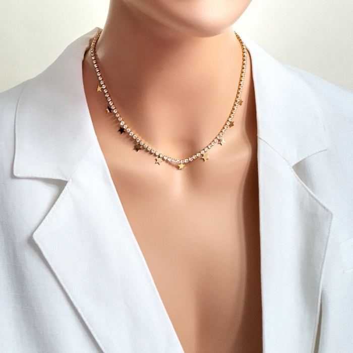 Colier model tip Tennis cu cham-uri in forma de stelute, pietre zirconiu, otel inoxidababil, placat cu aur 18K, inchidere clips, 45 cm, Tessero, argintiu [2]