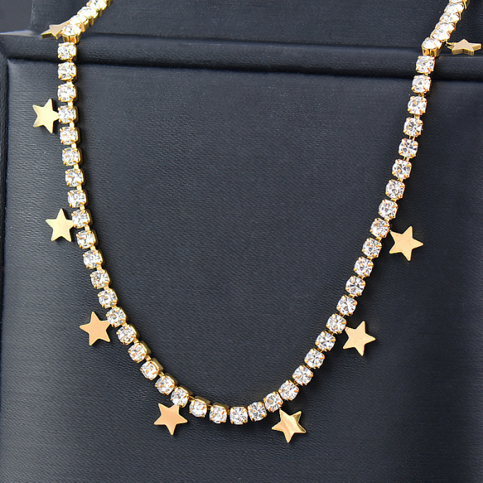 Colier model tip Tennis cu cham-uri in forma de stelute, pietre zirconiu, otel inoxidababil, placat cu aur 18K, inchidere clips, 45 cm, Tessero, argintiu [1]