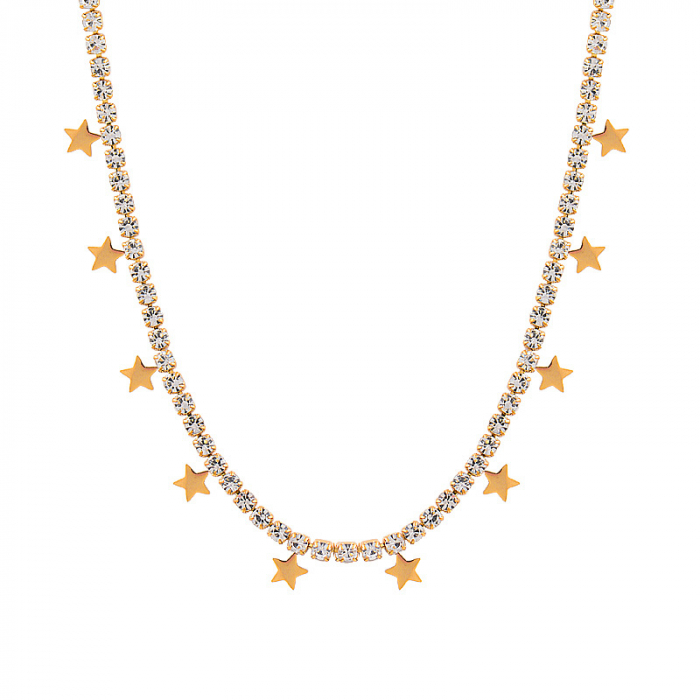 Colier model tip Tennis cu cham-uri in forma de stelute, pietre zirconiu, otel inoxidababil, placat cu aur 18K, inchidere clips, 45 cm, Tessero, argintiu [4]
