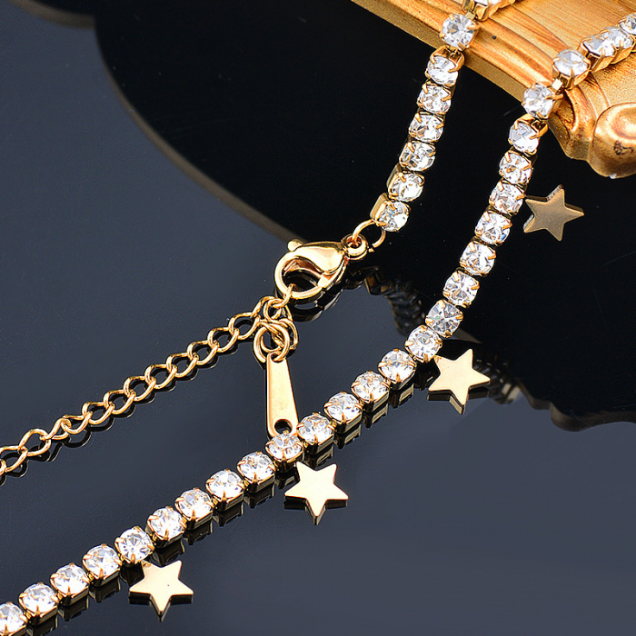 Colier model tip Tennis cu cham-uri in forma de stelute, pietre zirconiu, otel inoxidababil, placat cu aur 18K, inchidere clips, 45 cm, Tessero, argintiu [3]