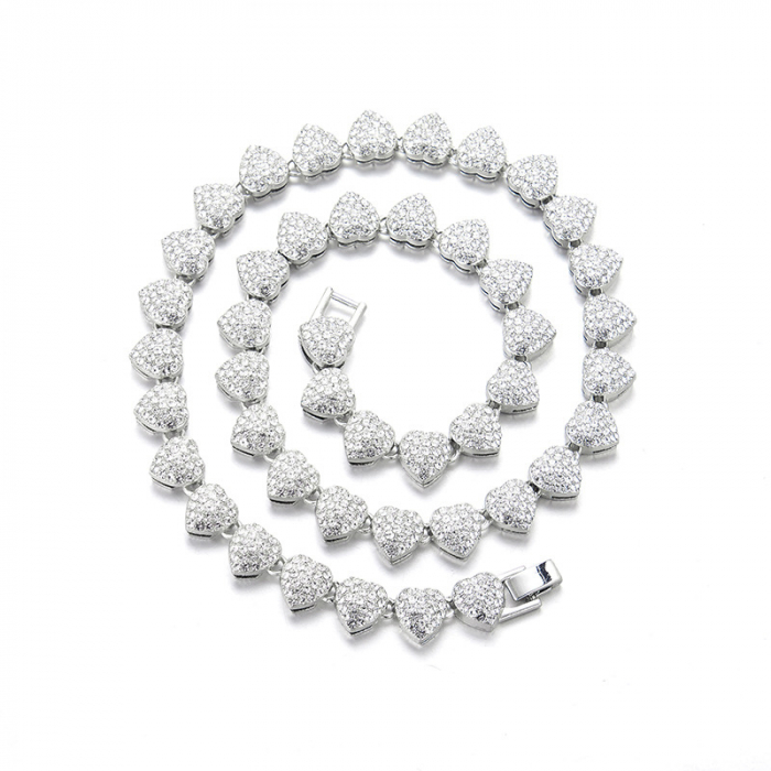 Colier model tip Tennis in forma de inimioare, pietre zirconiu, placat cu aur alb 18K, inchidere clips, 45 cm, Tessero, unisex, argintiu [2]