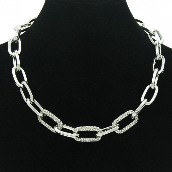 Colier Punk din lant oval, placat cu argint, pietre zirconiu, 41+5 cm, unisex, Tessero, argintiu [2]