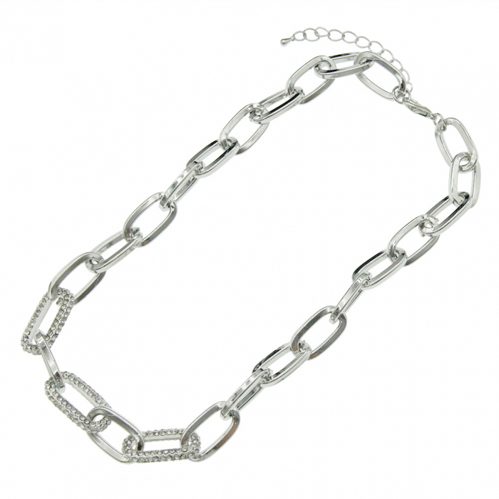 Colier Punk din lant oval, placat cu argint, pietre zirconiu, 41+5 cm, unisex, Tessero, argintiu [3]