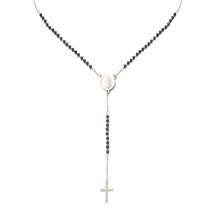 Colier Rozariu religios din piatra semipretioasa si otel inoxidabil, cu pandantiv in forma de cruce, 60 cm, placat cu aur 18K, Tessero, negru si argintiu [2]