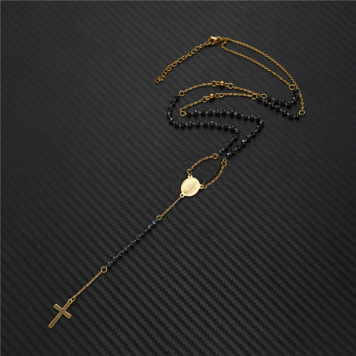 Colier Rozariu religios din piatra semipretioasa si otel inoxidabil, cu pandantiv in forma de cruce, 60 cm, placat cu aur 18K, Tessero, negru si auriu [1]