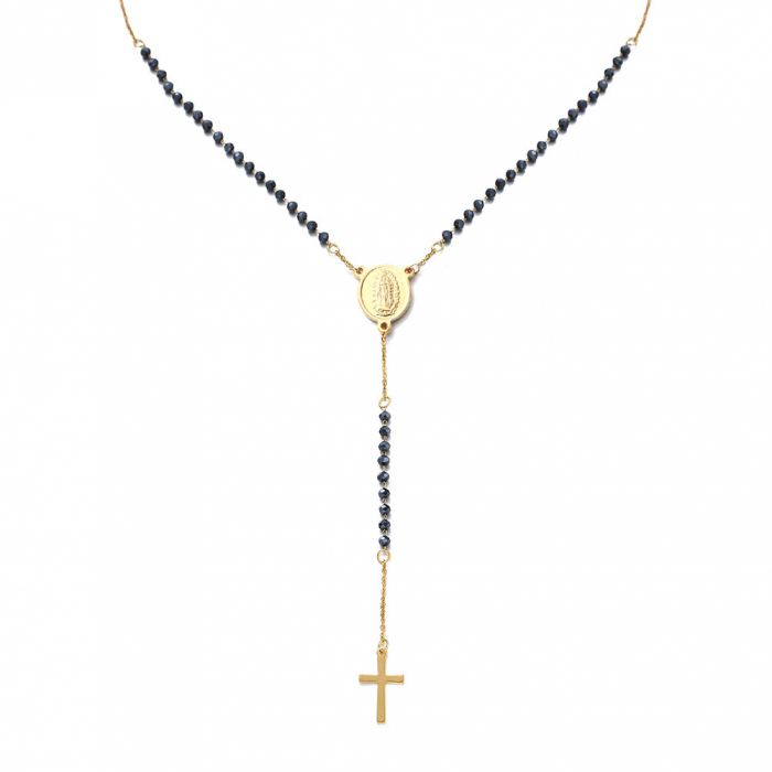 Colier Rozariu religios din piatra semipretioasa si otel inoxidabil, cu pandantiv in forma de cruce, 60 cm, placat cu aur 18K, Tessero, negru si auriu [2]