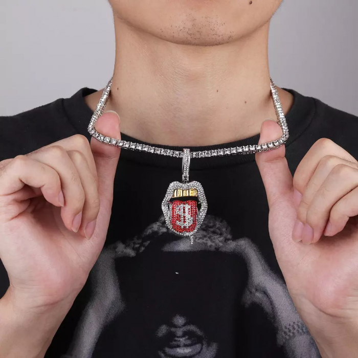 Colier Tennis cu pandantiv Hip Hop in forma de gura cu dolar, pietre zirconiu, placat cu aur 18K, Tessero, 45 cm, argintiu [3]