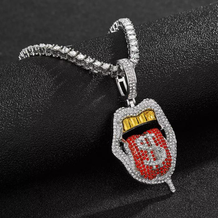 Colier Tennis cu pandantiv Hip Hop in forma de gura cu dolar, pietre zirconiu, placat cu aur 18K, Tessero, 45 cm, argintiu [2]