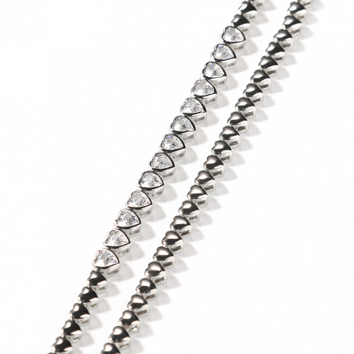 Colier Tennis Luxury taietura in forma de inima, pietre zirconiu, 40 cm, 4 mm, placat cu aur alb 18K, unisex, inchidere cu catarama, Tessero, argintiu [2]