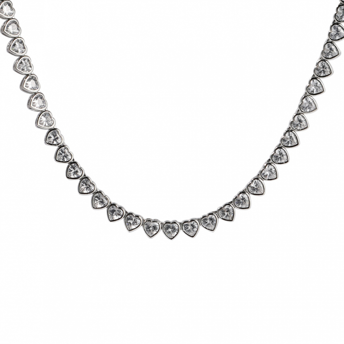 Colier Tennis Luxury taietura in forma de inima, pietre zirconiu, 40 cm, 4 mm, placat cu aur alb 18K, unisex, inchidere cu catarama, Tessero, argintiu [3]