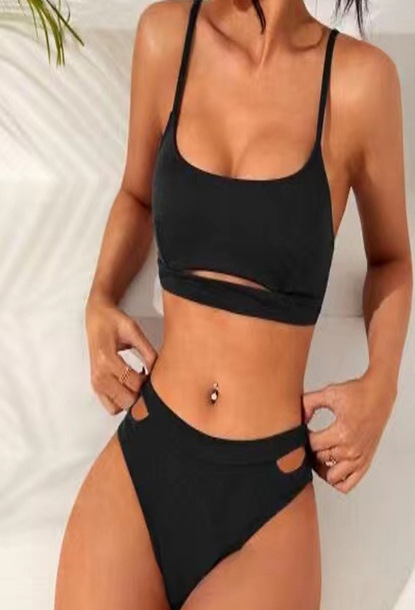 Costum de baie dama cu sutien tip bustiera, model cu decupaj discret, slip cu talie inalta, 2 piese, Tessero, marime S INTL, negru [3]