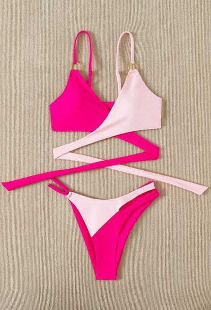 Costum de baie dama format din doua piese, model cu doua culori, slip brazilian, Tessero, marime L INTL, roz [2]