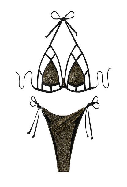 Costum de baie dama, format din doua piese, model cu slipici discret, sutien cu push-up, prindere cu snur, Tessero, marime L INTL, negru [3]