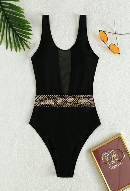 Costum de baie dama intreg tip body, o piesa, modelator, model auriu brodat, Tessero, marime S INTL, negru [2]
