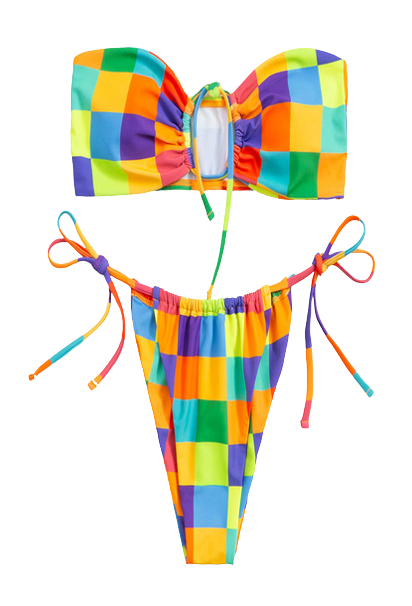 Costum de baie dama tip bikini, model cu patratele multicolore, slip brazilian, 2 piese, Tessero, marime S INTL, multicolor [2]
