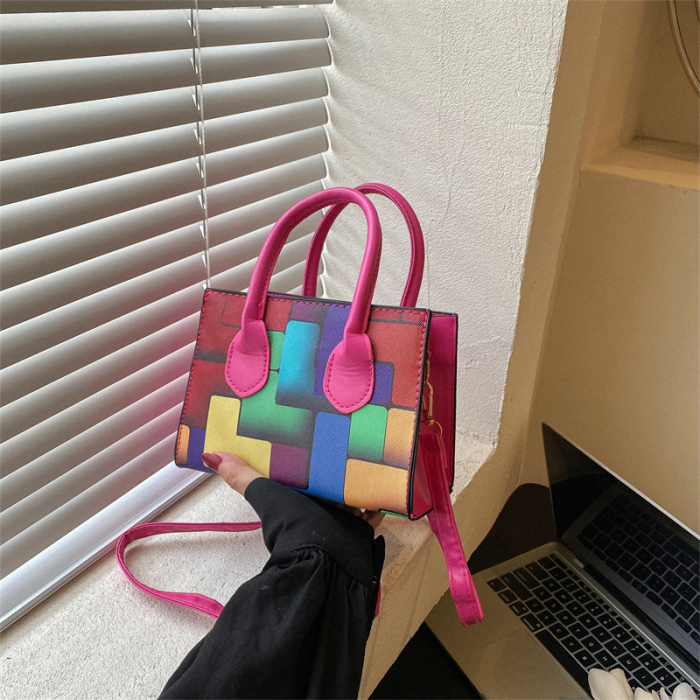 Geanta de dama cu bareta pentru umar din piele ecologica, model geometric multicolor, Tessero, dimensiune 17x18x9 cm, roz [3]