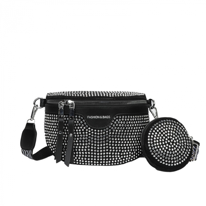 Geanta de dama cu maner reglabil din piele ecologica, model tip borseta cu strasuri, compartiment separat pentru monede, Tessero, dimensiune 23x15x8 cm, negru [1]
