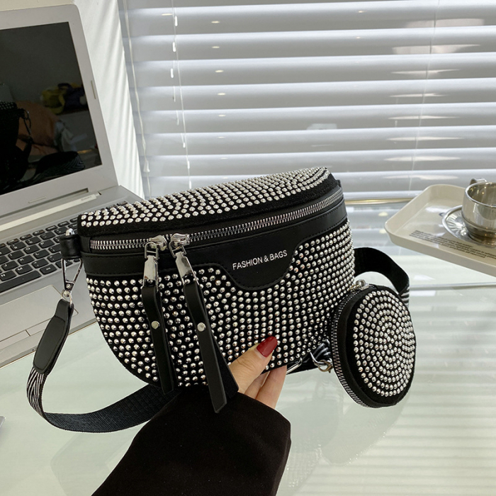 Geanta de dama cu maner reglabil din piele ecologica, model tip borseta cu strasuri, compartiment separat pentru monede, Tessero, dimensiune 23x15x8 cm, negru [4]