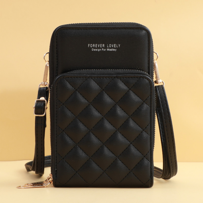 Geanta de dama pentru telefon din piele ecologica, model pentru umar, compartimente multiple, cusatura in forma de romburi, dimensiune 18x11.5x6 cm, Tessero, negru [3]