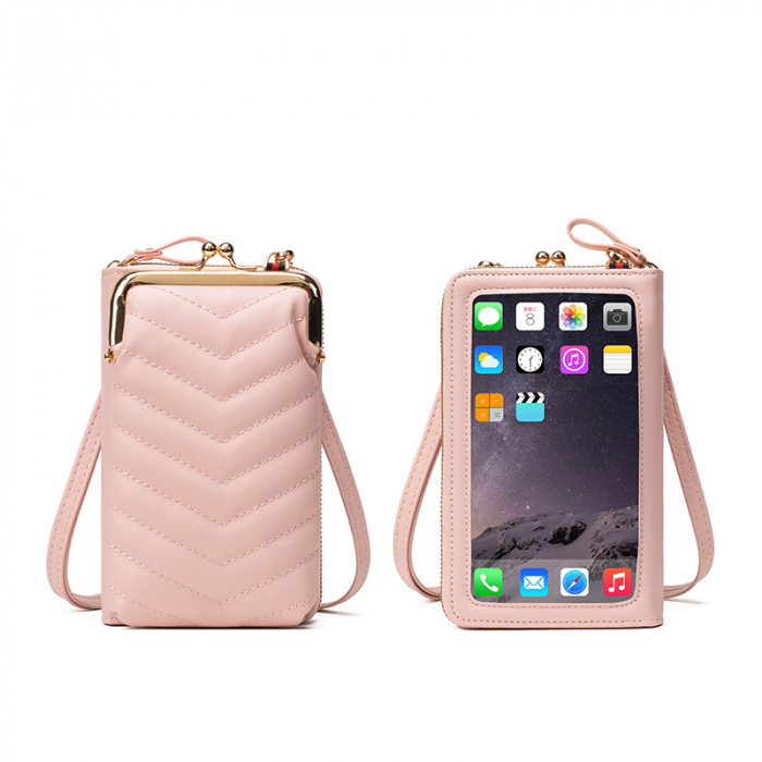 Geanta de dama pentru telefon din piele ecologica, model pentru umar, compartimente multiple, model cu cusatura, spate transparent tactil, dimensiune 18x11x5 cm, Tessero, roz [4]