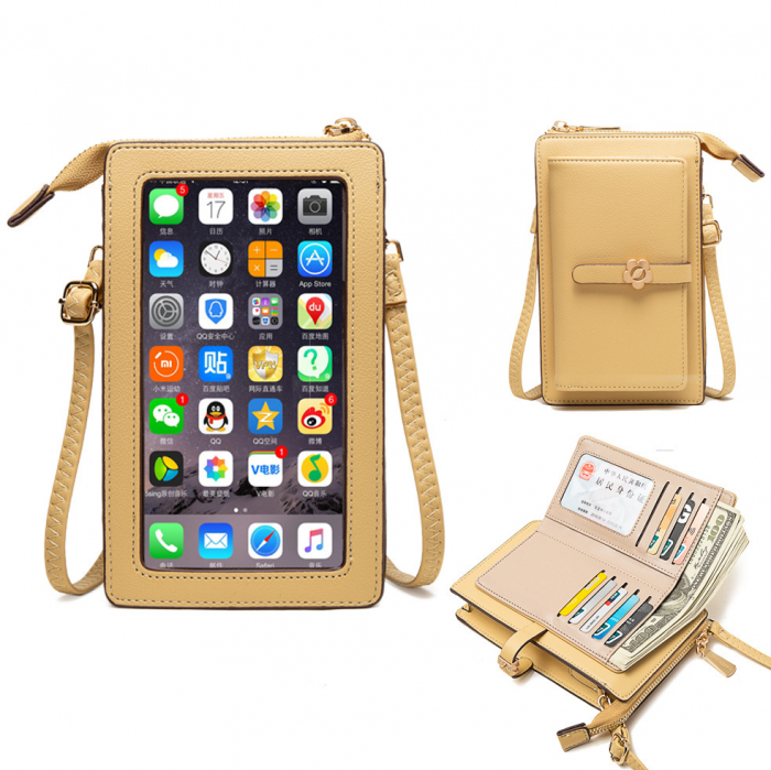 Geanta de dama pentru telefon din piele ecologica, model pentru umar, compartimente multiple, spate transparent tactil, inchidere fermoar, model in forma de floare, dimensiune 19x11.5x5 cm, Tessero, g [4]
