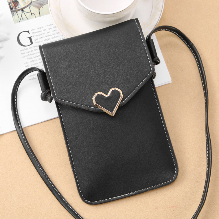 Geanta de dama pentru telefon din piele ecologica, model pentru umar cu inimioara, spate transparent, dimensiune 19.5x14x3 cm, Tessero, negru [2]