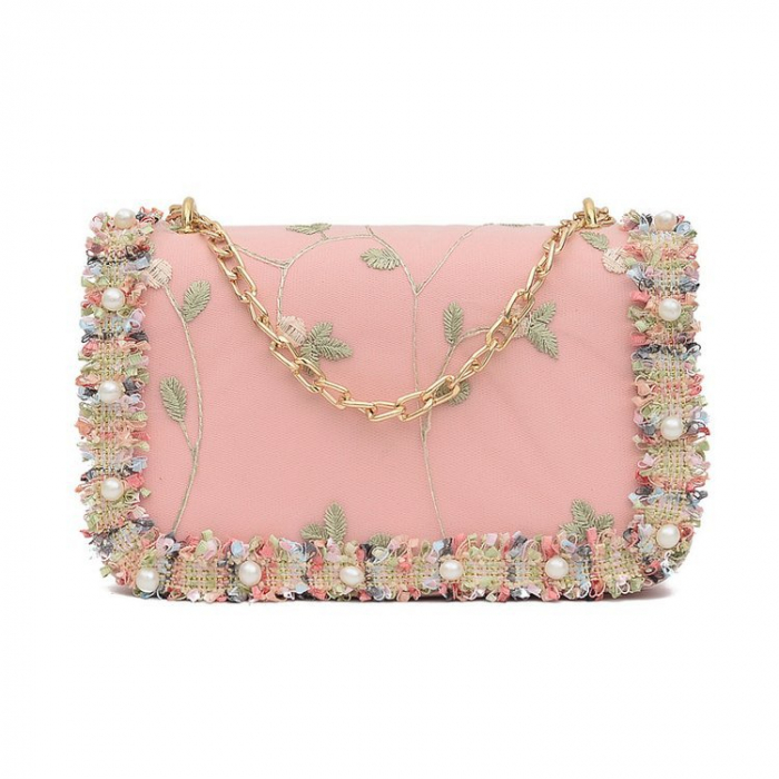 Geanta de dama pentru umar, model cu accesorii florale, piele ecologica, bareta metalica reglabila, Tessero, dimensiune 20x13x7.5 cm, roz [4]