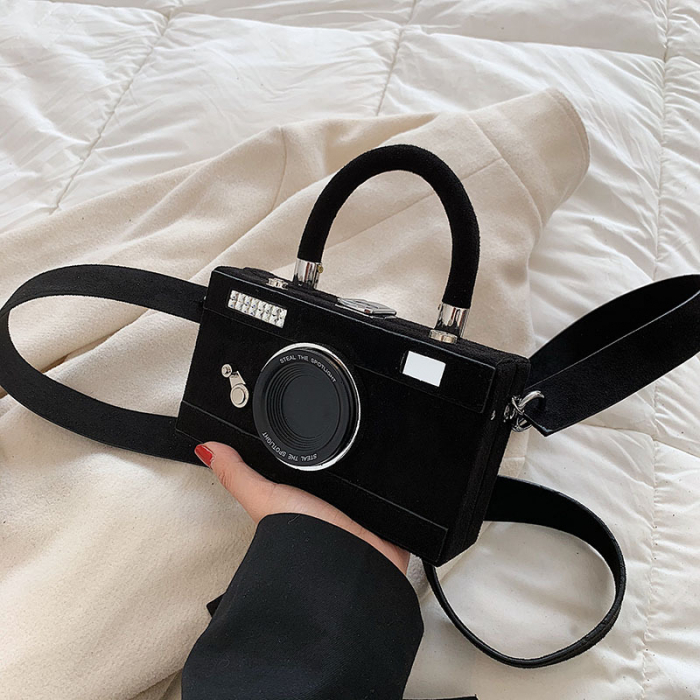 Geanta de dama tip clutch din catifea, model in forma de aparat foto cu maner si bareta, Tessero, dimensiune 18x10x5 cm, negru [2]