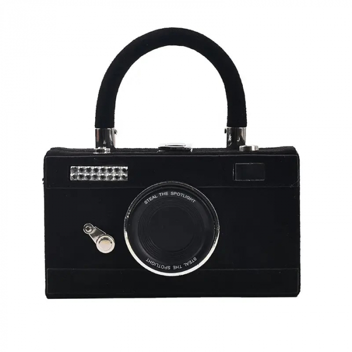 Geanta de dama tip clutch din catifea, model in forma de aparat foto cu maner si bareta, Tessero, dimensiune 18x10x5 cm, negru [1]