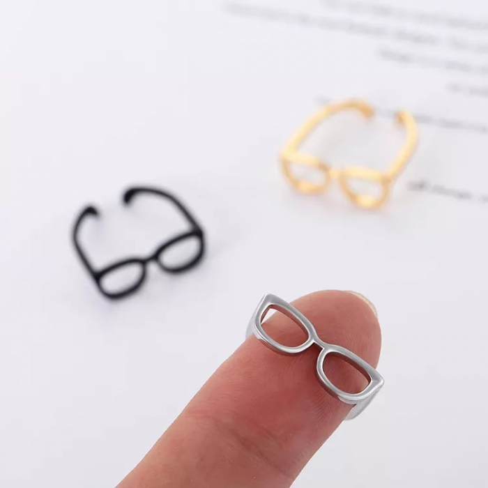 Inel de dama creativ in forma de ochelari de vedere, marime reglabila, placat cu aur 18K, Tessero, argintiu [2]