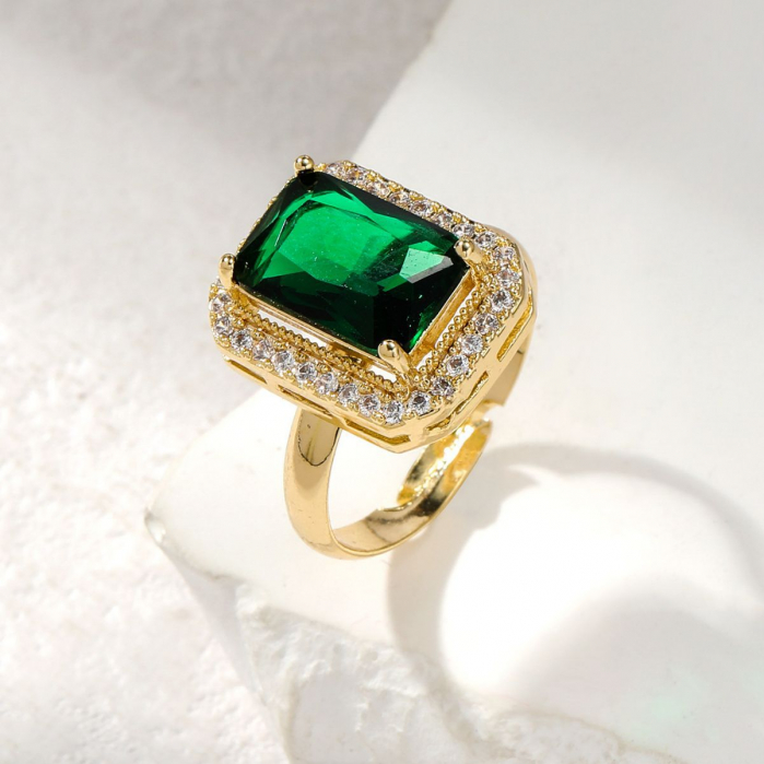Inel de dama, model cu cristal verde cu efect de Sapphire, pietre zirconiu, placat cu aur 18k, marime reglabila, Tessero, auriu [4]