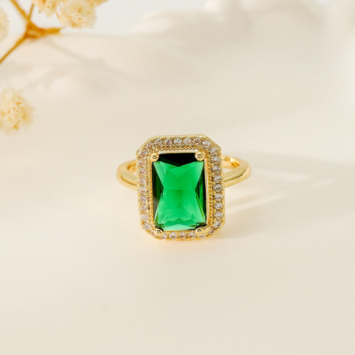 Inel de dama, model cu cristal verde cu efect de Sapphire, pietre zirconiu, placat cu aur 18k, marime reglabila, Tessero, auriu [1]