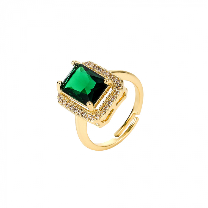 Inel de dama, model cu cristal verde cu efect de Sapphire, pietre zirconiu, placat cu aur 18k, marime reglabila, Tessero, auriu [3]