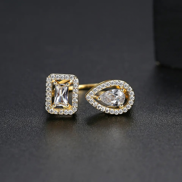 Inel de dama, model cu cristale zirconiu asimetrice, marime reglabila, placat cu aur 18K, Tessero, auriu [1]