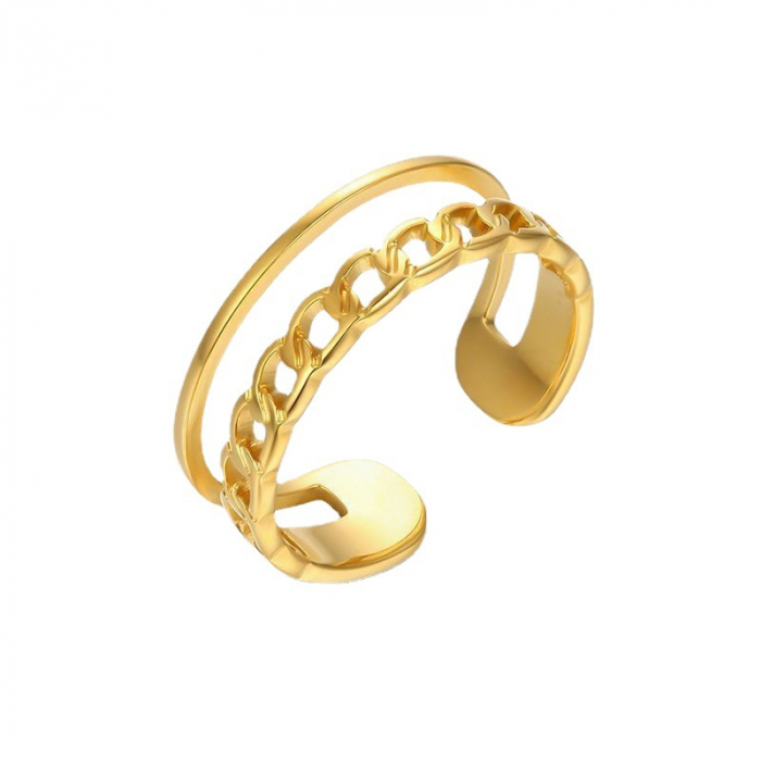 Inel dublu model cuban chain din otel inoxdabil, marime reglabila, placat cu aur 18K [3]
