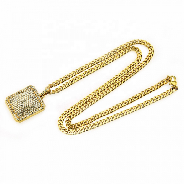 Lant cu pandantiv placuta, iced out, pietre zirconiu, placat cu aur 18K, auriu [3]