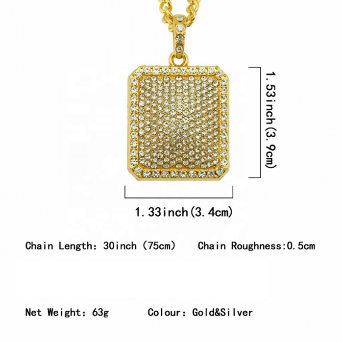 Lant cu pandantiv placuta, iced out, pietre zirconiu, placat cu aur 18K, auriu [2]