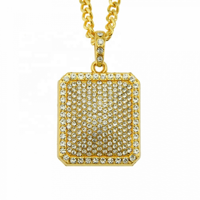 Lant cu pandantiv placuta, iced out, pietre zirconiu, placat cu aur 18K, auriu [1]