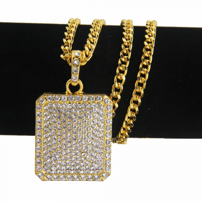 Lant cu pandantiv placuta, iced out, pietre zirconiu, placat cu aur 18K, auriu [4]