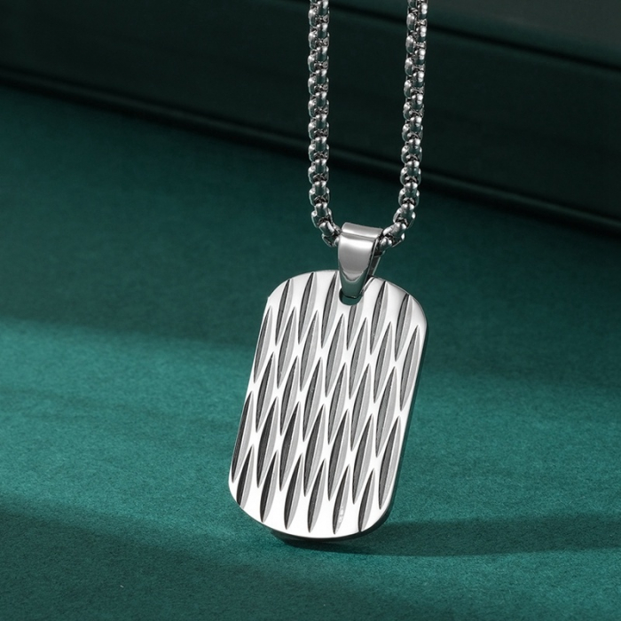 Lant cu pandantiv placuta identificare nume army, dog tag, model geometric, otel inoxidabil, Tessero, argintiu [2]