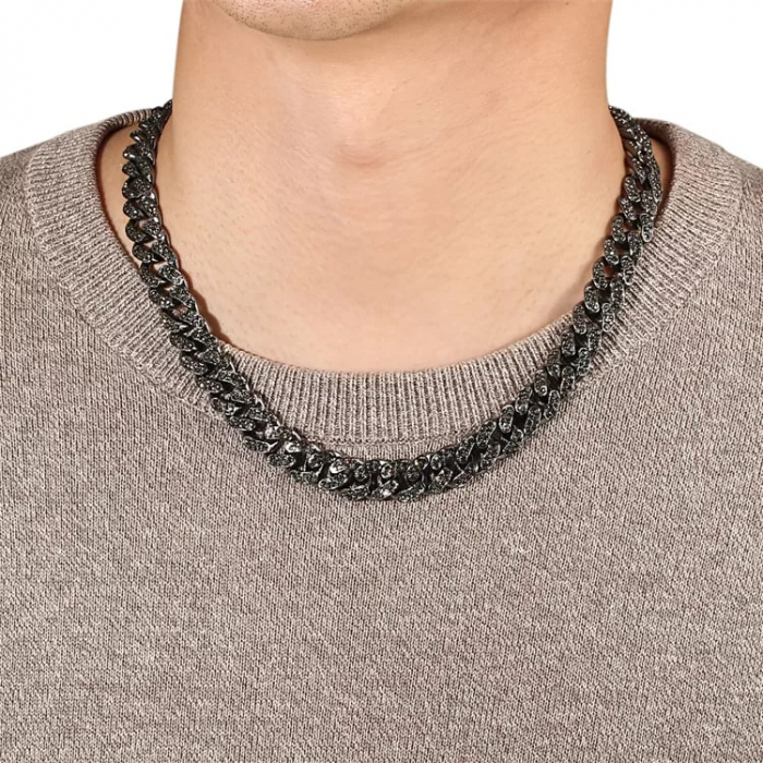 Lant Cuban Chain baza gatului, decorat cu pietre zirconiu negru, inchidere clips, Tessero, 45 cm, negru [4]