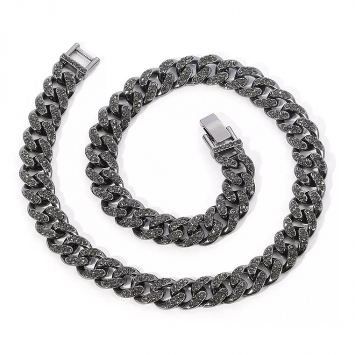 Lant Cuban Chain baza gatului, decorat cu pietre zirconiu negru, inchidere clips, Tessero, 45 cm, negru [2]