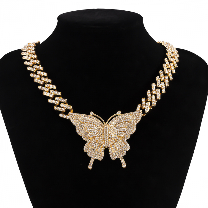 Lant Cuban Chain Choker de dama cu pandantiv fluture, pietre din zirconiu, placat cu aur 18K, auriu [2]