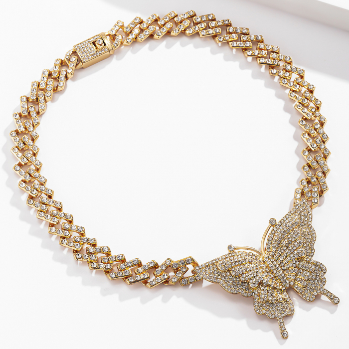 Lant Cuban Chain Choker de dama cu pandantiv fluture, pietre din zirconiu, placat cu aur 18K, auriu [4]
