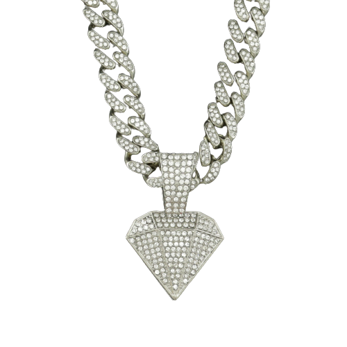 Lant Cuban Chain cu pandantiv in forma de diamant, pietre zirconiu, placat cu aur 18K, lungime 45 cm, Tessero, argintiu [1]