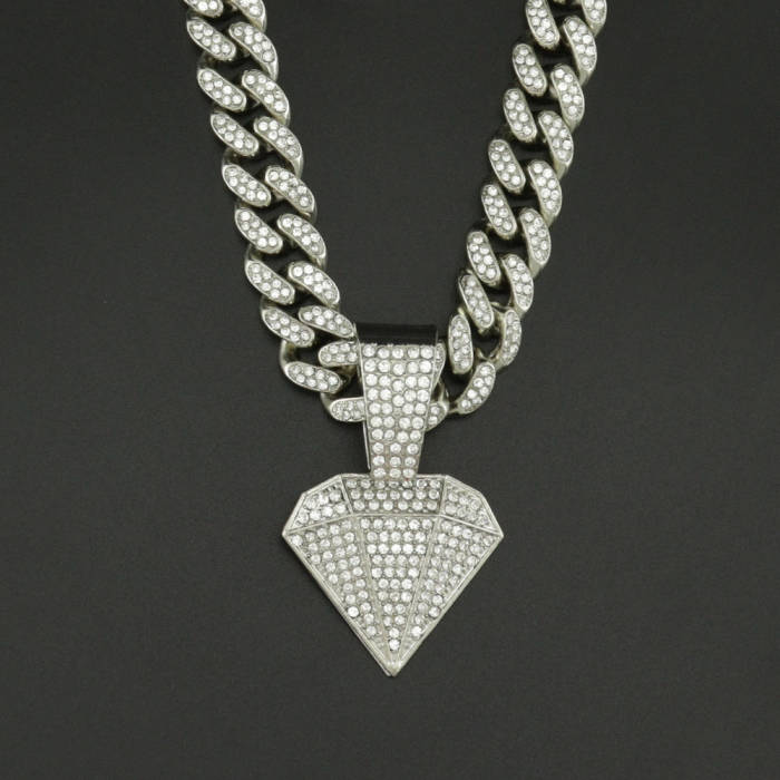 Lant Cuban Chain cu pandantiv in forma de diamant, pietre zirconiu, placat cu aur 18K, lungime 45 cm, Tessero, argintiu [2]