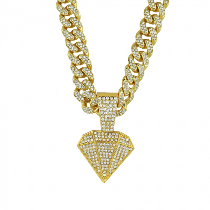 Lant Cuban Chain cu pandantiv in forma de diamant, pietre zirconiu, placat cu aur 18K, lungime 45 cm, Tessero, auriu [1]