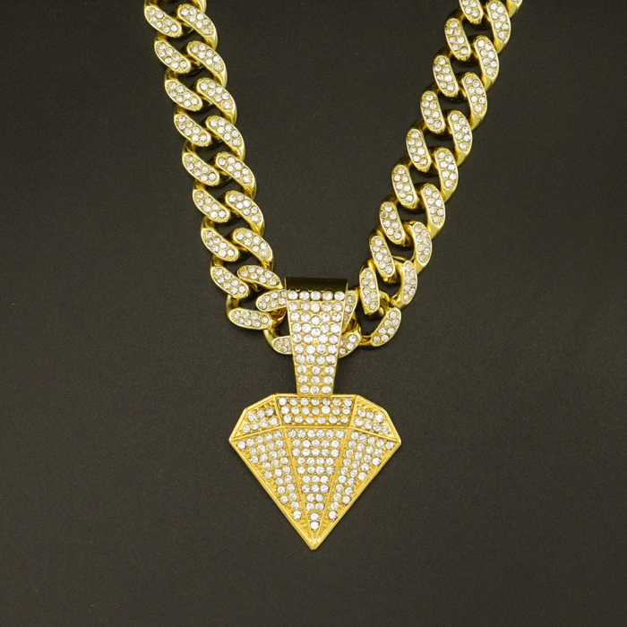 Lant Cuban Chain cu pandantiv in forma de diamant, pietre zirconiu, placat cu aur 18K, lungime 45 cm, Tessero, auriu [2]