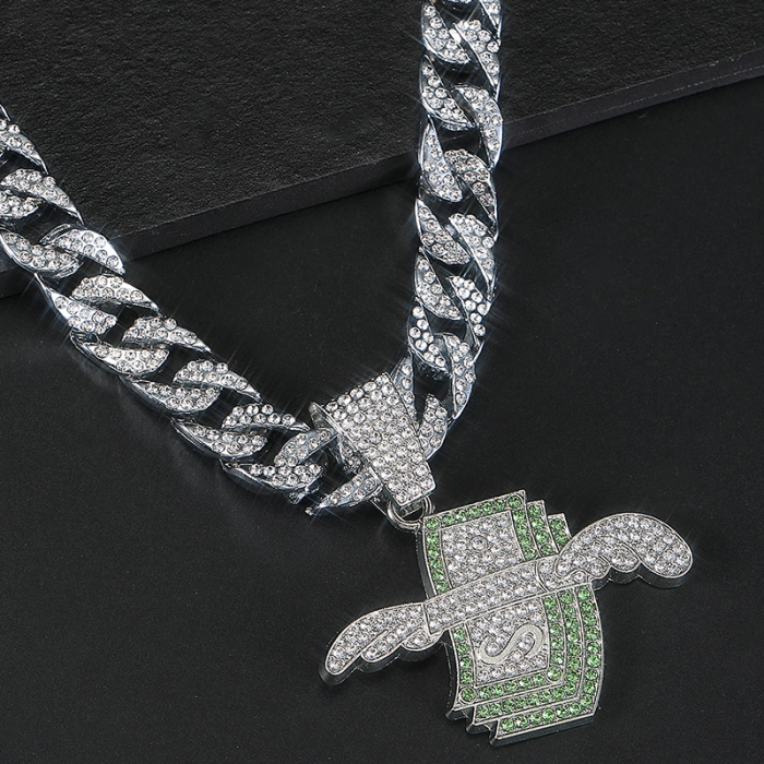 Lant Cuban Chain cu pandantiv in forma de dolar cu aripi, pietre zirconiu, placat cu aur 18K, lungime 45 cm, Tessero, argintiu [3]